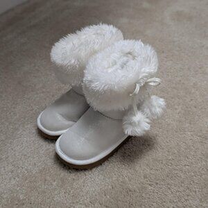 Little Girls White Pom pom Fur lined Boots